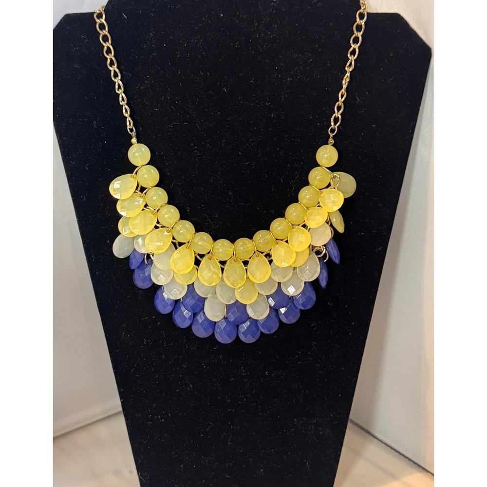 Yellow White Navy Beaded Bib Statement Necklace Gold Tone Tiered Fringe - Picture 1 of 4